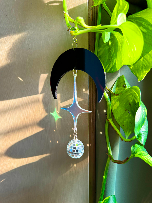 Celestial Disco Mini Suncatcher - handmade iridescent acrylic suncatcher with celestial shapes