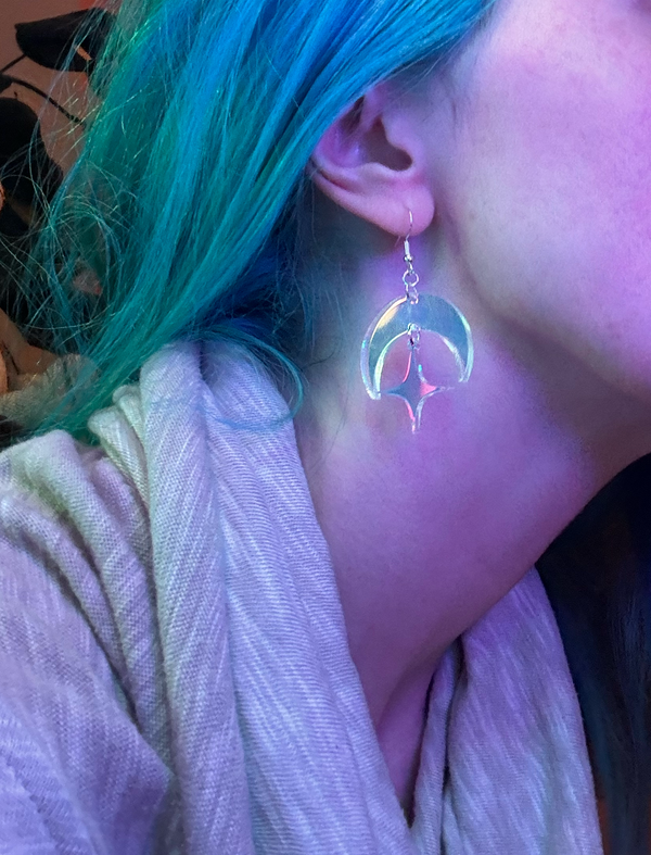 Celestial Star Earrings - iridescent acrylic starburst earrings that shift between pink and blue